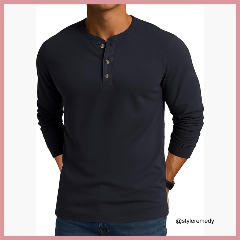 Cotton Henley Shirt Long Sleeve 3 Button Casual Tee